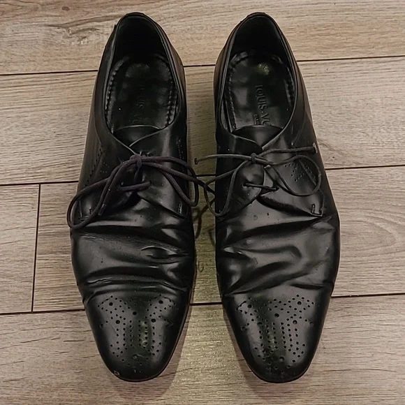 LOUIS VUITTON Black Leather Sz 8.5 Lace Up Derby Mens Dress Shoes‎